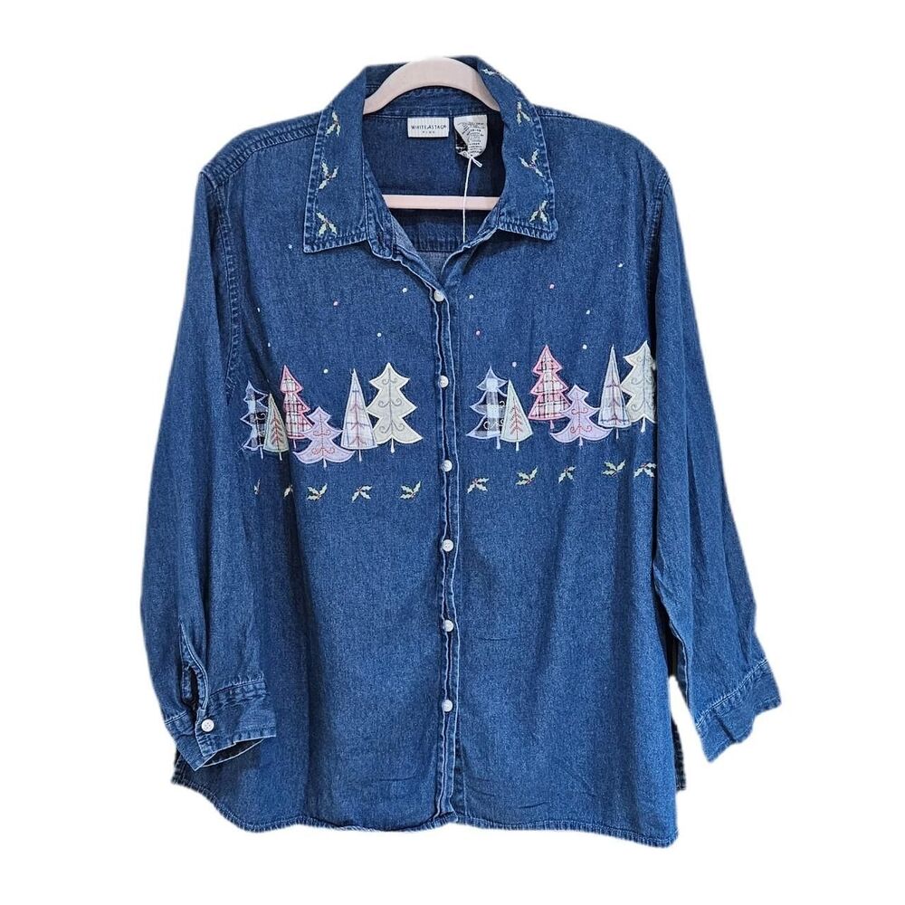 y2k cottagecore indie denim embroidered christmas tree shirt plus size